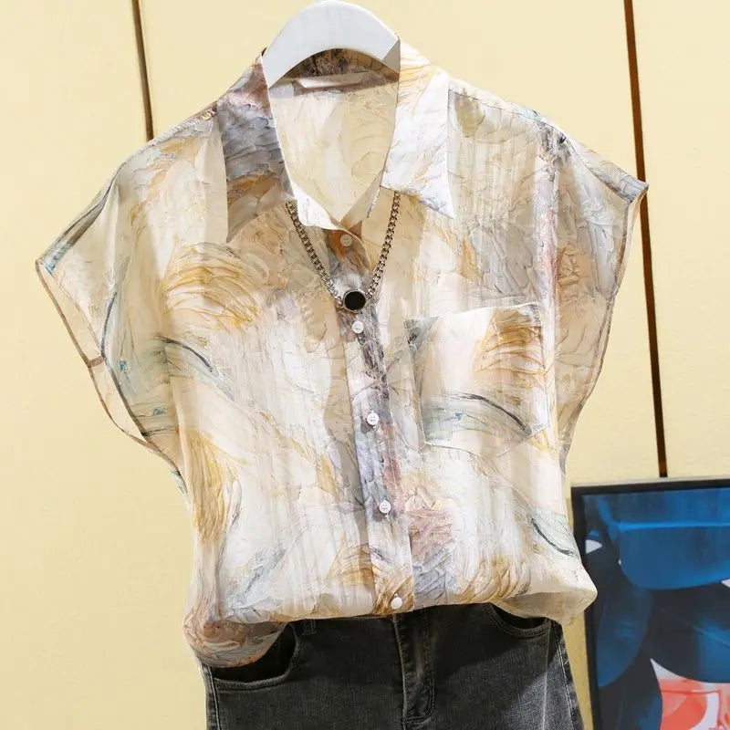 Fashion Casual Loose Printing Vintage Women Shirts Tops Short Sleeve Summer New Style Simplicity Elegant Fashion Office Lady