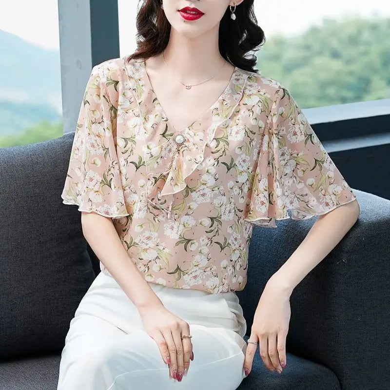 Chiffon Summer Stylish Loose Printed Middle Aged Mom Blouse
