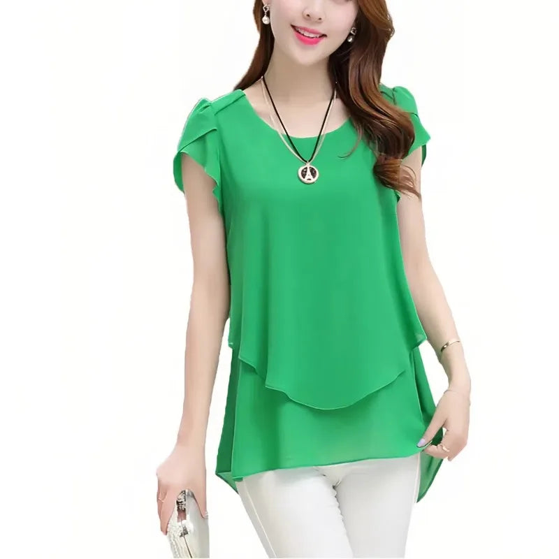 618 Ladies Fashion Casual Simplicity Trend Chiffon O-neck Solid Color Tops Short Sleeve Loose Summer New Style Pullover