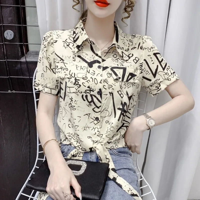 New Style Women's Shirt Fashion Loose Simplicity Elegant temperament  Trend Printing Short Sleeve Turn-down Collar Buttons Tops