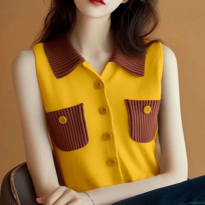 New Summer Korean Style Sleeveless Tank Top Women's Color-blocked Knitted Sweater Fashion Tops