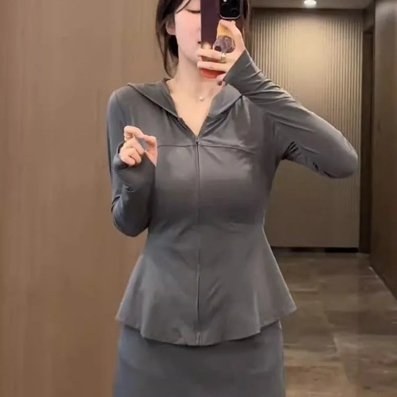 Simplicity Elegant Trend Solid Color Zipper Long Sleeve Sunscreen Clothing Ladies Spring Summer New Style Waist Slimming Coat