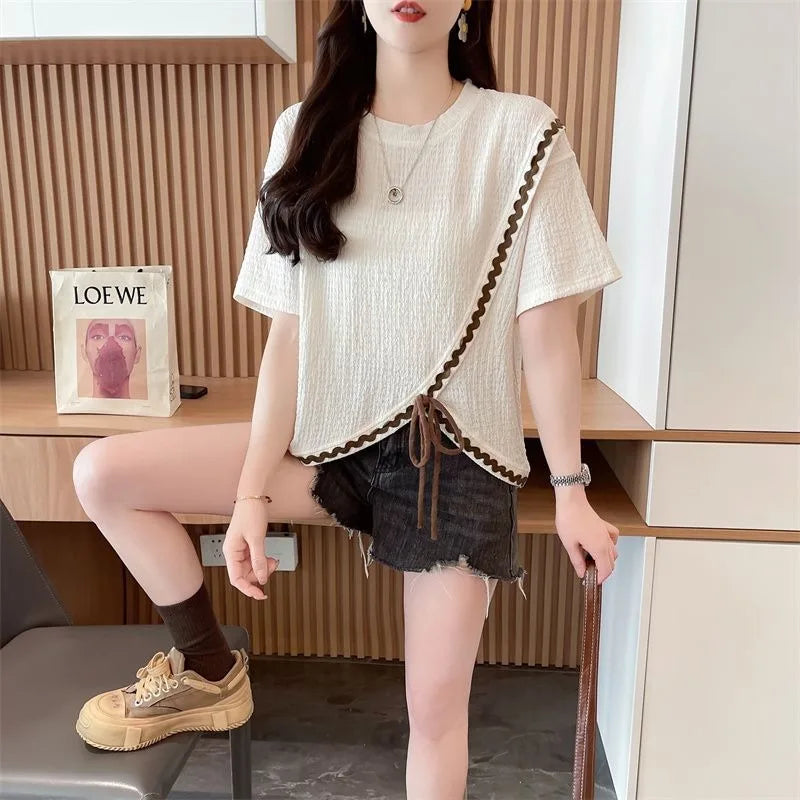 Irregular Summer New Style O-neck Tee Shirt Fashion Loose Simplicity Elegant Thin Style Solid Color Lacing Young Style Top Tee