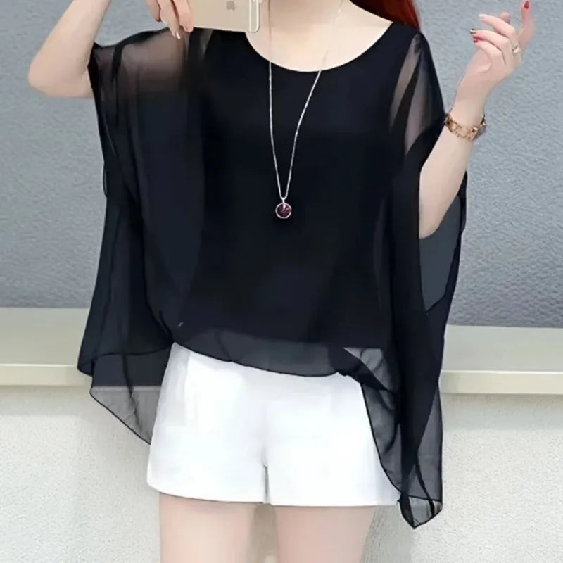 Ladies Casual Loose Summer New Style T-Shirt Top Tee Simplicity Elegant Hollow Out Batwing Sleeve Black Pullover Sunscreen Tops