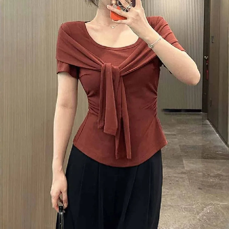Women's Fashion Simplicity Elegant Trend Cotton Shawl Fake Two Short Sleeves Knitting Summer Pullover New Style Top Tee