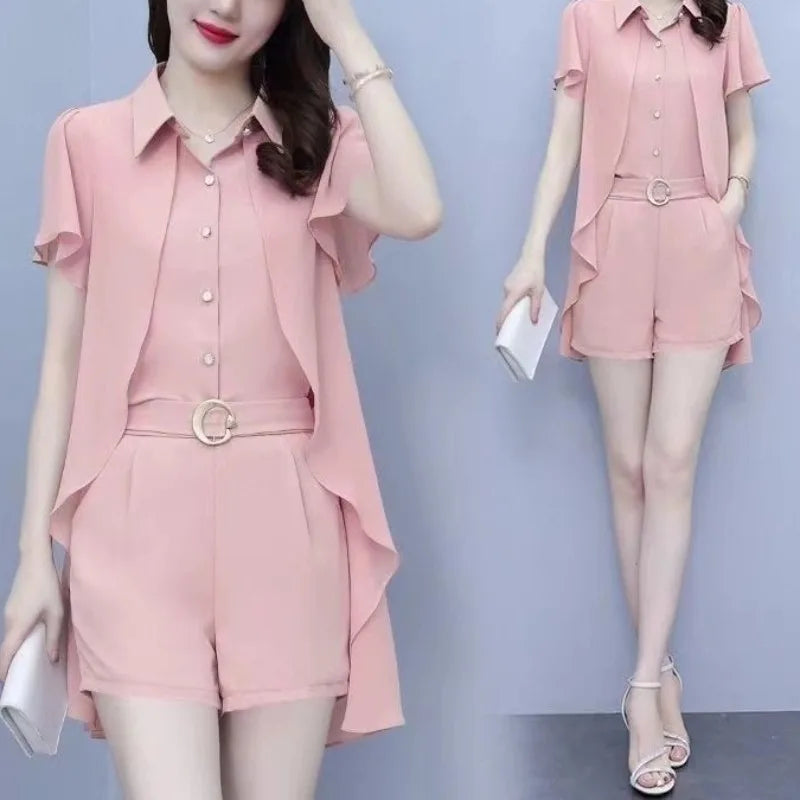 Ladies Fashion Fake Two-piece Top Shorts Loose Temperament and Age Reducing Set Office Lady Simplicity Trend Temperament