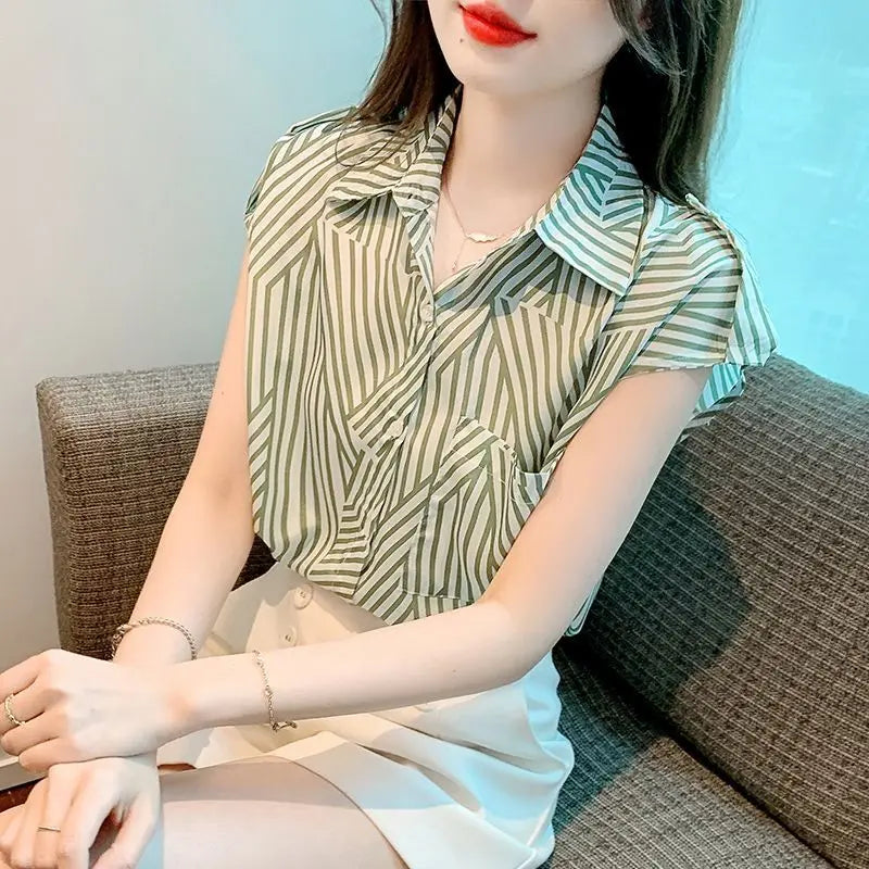 French Striped Women's Shirt, Summer French New Fashion Top with Polo Collar Short Sleeve