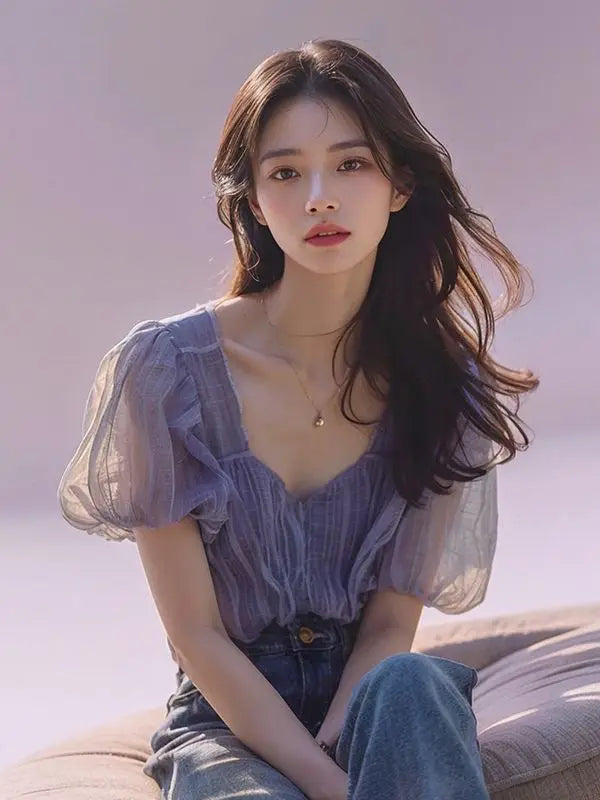 Square Collar Bubble Sleeve Women's Premium Chiffon Top