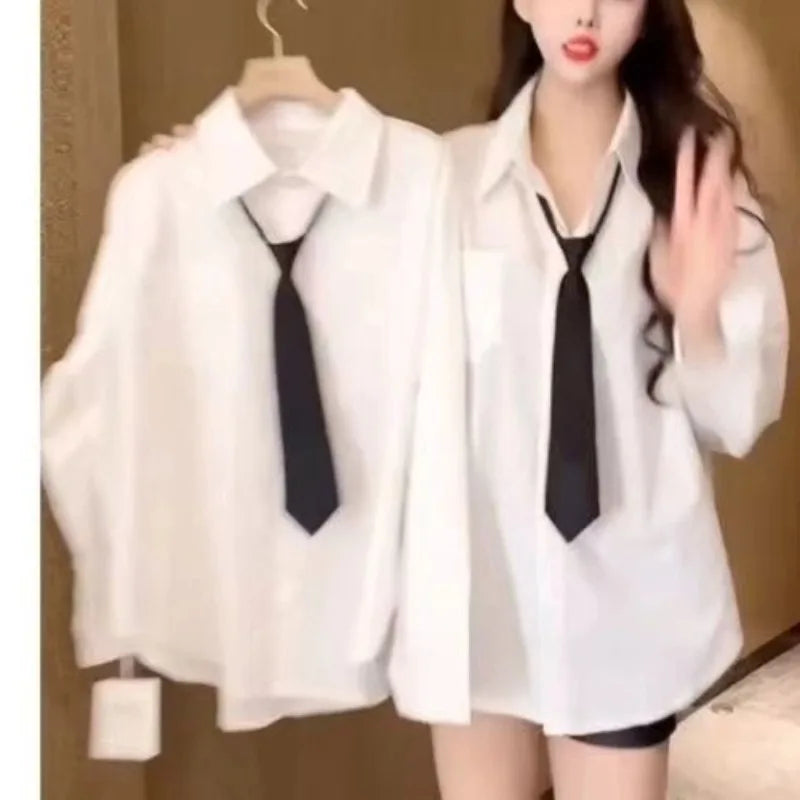 Ladies Fashion Loose Simplicity Lacing Turn-down Elegant Trend Women Shirts Solid Color Buttons Tie Shirt Design Sense Long Sle