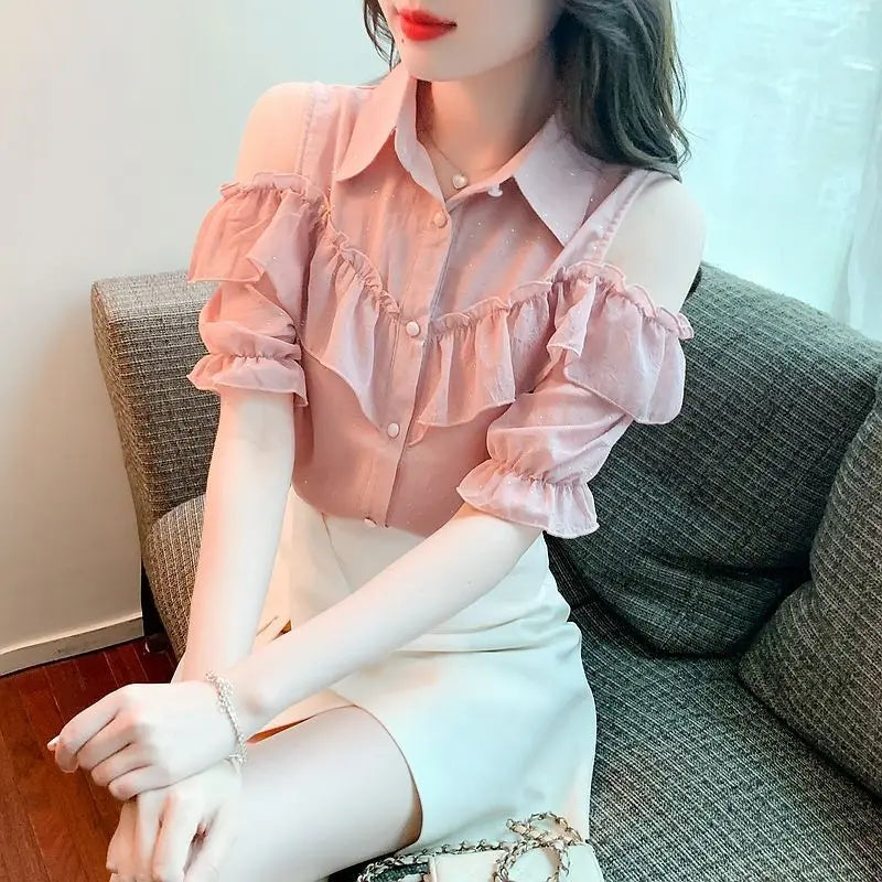 Fashionable Temperament Off Shoulder Chiffon Shirt for Women's Summer New Black Ears Short Sleeved Shirt Top Ruffle Edge