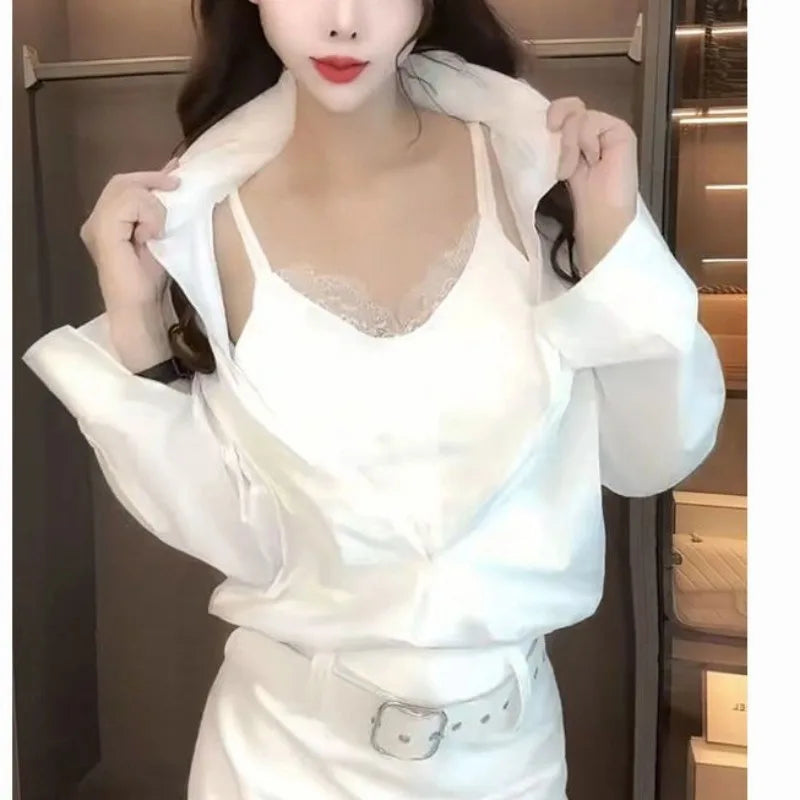 Ladies Fashion Simplicity Korean Style Elegant Trend Spring Summer New Style Lace V-neck Sling Fake Two Long Sleeved Shirts Tops