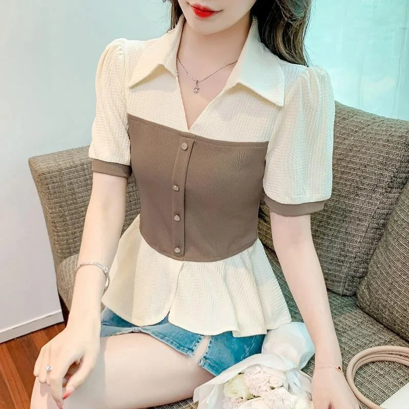 Ladies Fashion Simplicity Elegant Temperament Short Sleeve Tops Fake Two Women's Shirts Buttons Summe New Style Turn-down Collar