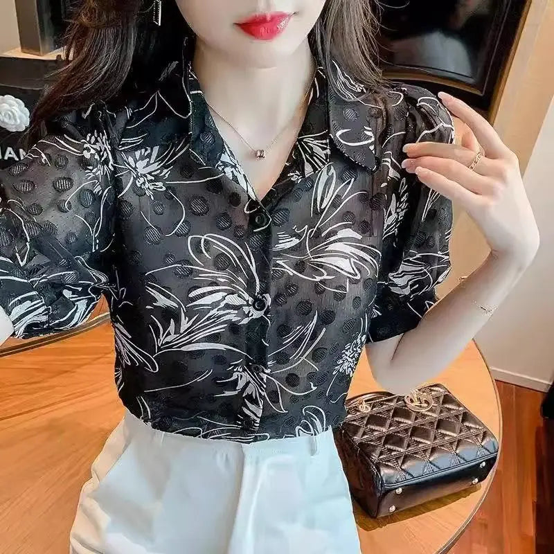Chiffon Blouse with Elegant and Fashionable Design Lapel Short Sleeves Loose Fit and New Summer Top