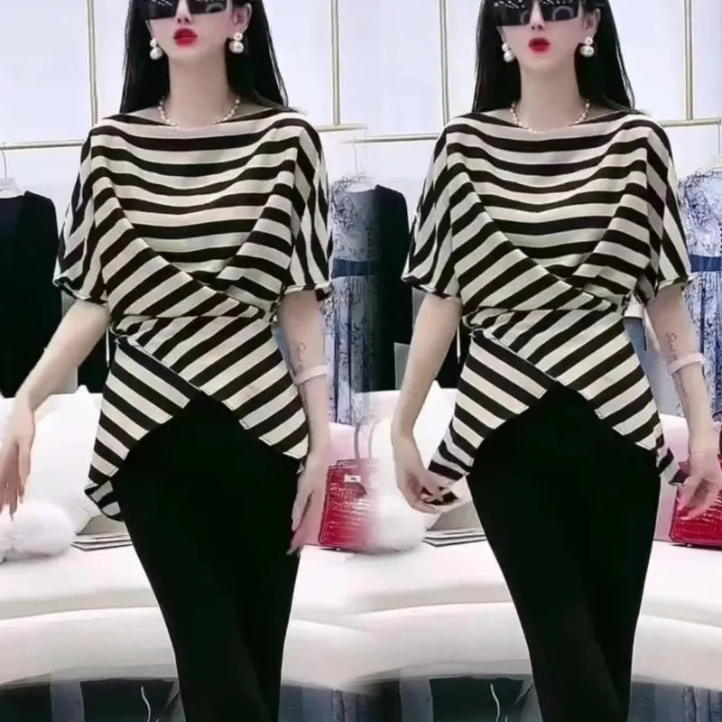 Ladies Simplicity Elegant Raglan Sleeve Trend Standard Black Tee Shirt Tops Striped O-neck Short Sleeve New Style Pullover