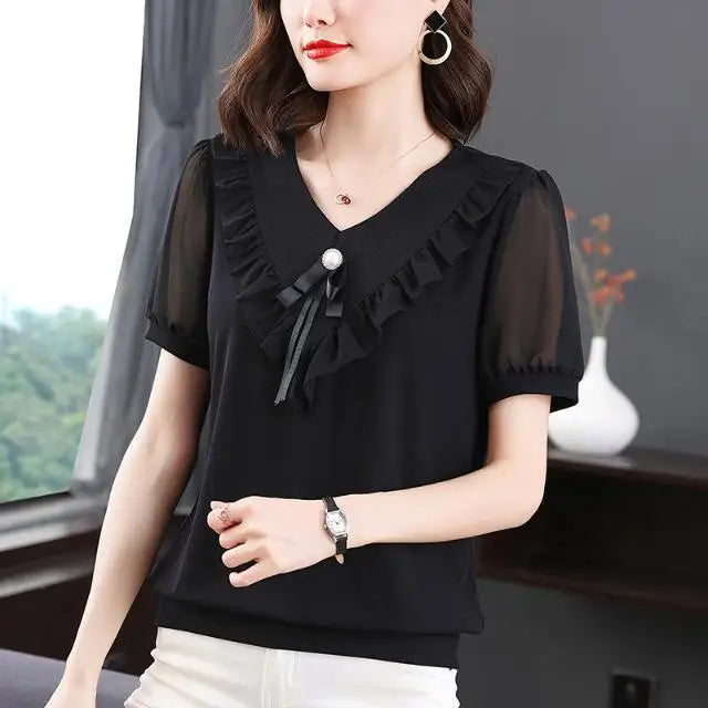 Elegant and Trendy Loose Fit Slimming Ruffle V-Neck Pullover Black Chiffon Blouse for Middle-Aged Moms
