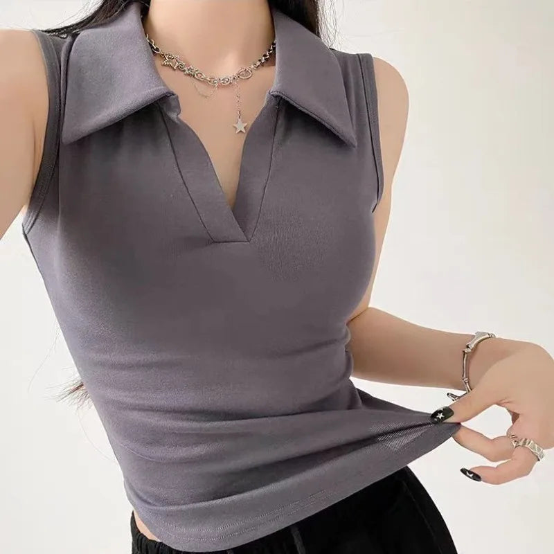 2025Slim Fashion Trend Simplicity Summer New Style Tank Top Sense of Design Turn-down Collar Solid color sleeveless Ladies tops