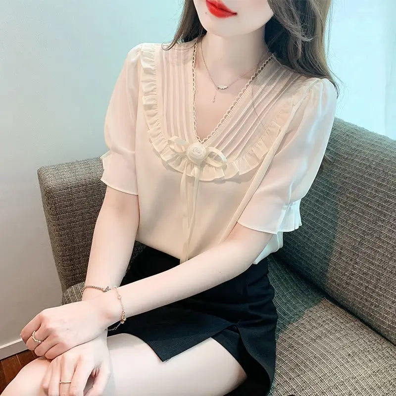 Pleated V-neck Chiffon Blouse Summer New Arrival Ruffled Edge Elegant Shirt Women's Top