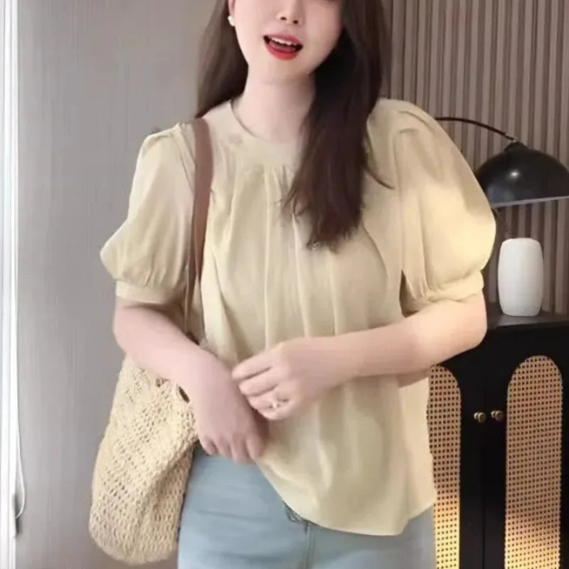 Ladies Casual Fashion Loose Simplicity Elegant Trend O-neck Solid Color Short Sleeve Tops Women Shirts New Style Summer Pullove