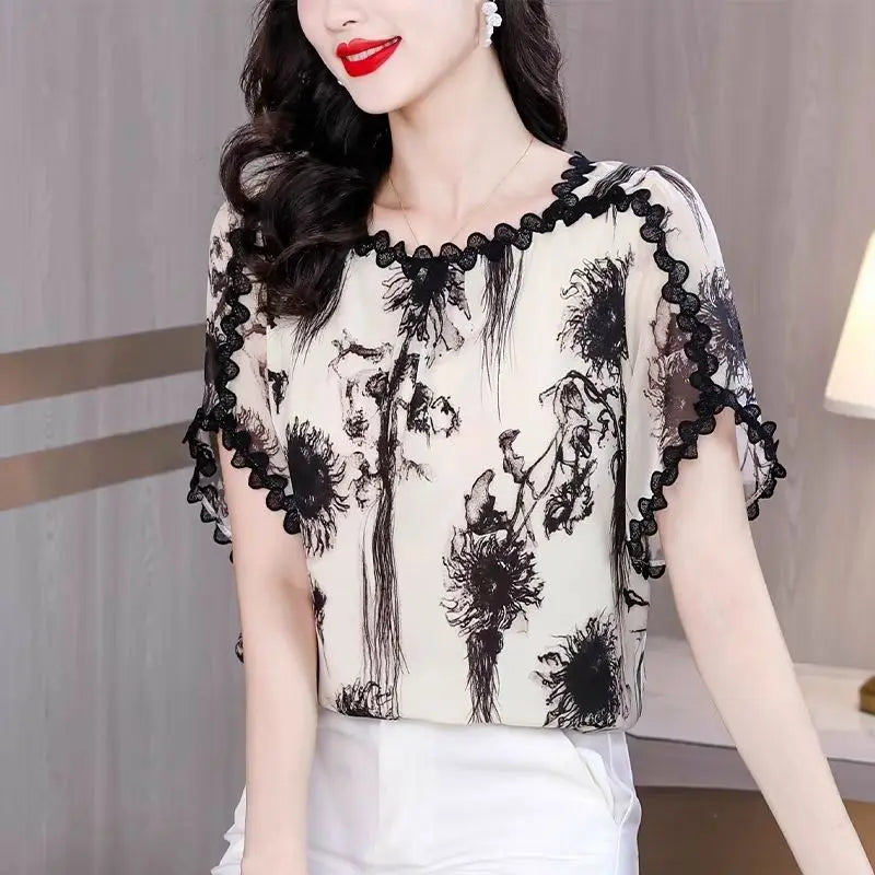 Elegant and Fashionable Printed Pullover Shirt for Women New Summer Style Loose Fit Slimming Top