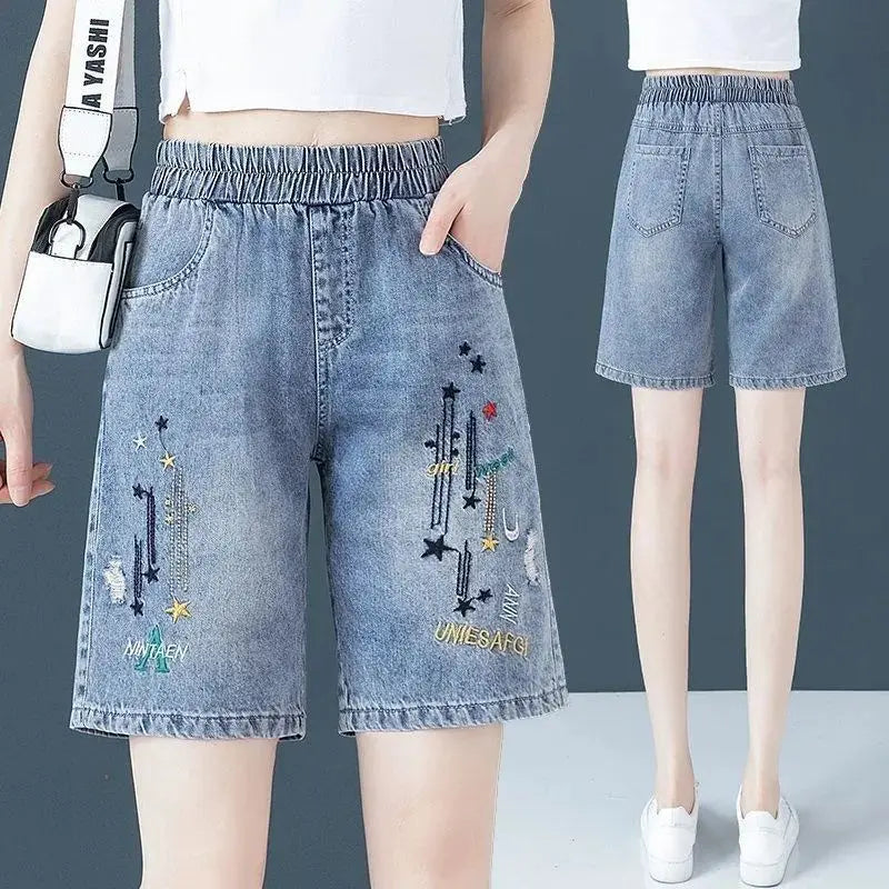 Women's Denim Shorts Summer Thin High Waisted Elastic Loose Retro Wide Legged Five Minute Pants