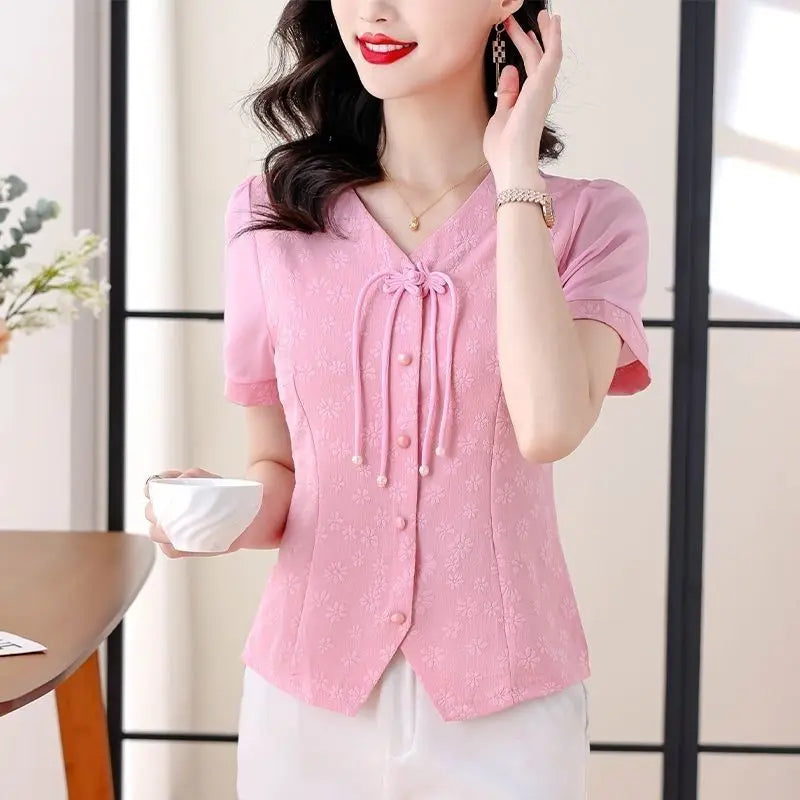 Fashion V-neck Chiffon Blouse Women's Summer New Chinese Style Button Down Slimming Design Sensing Tops Stylish