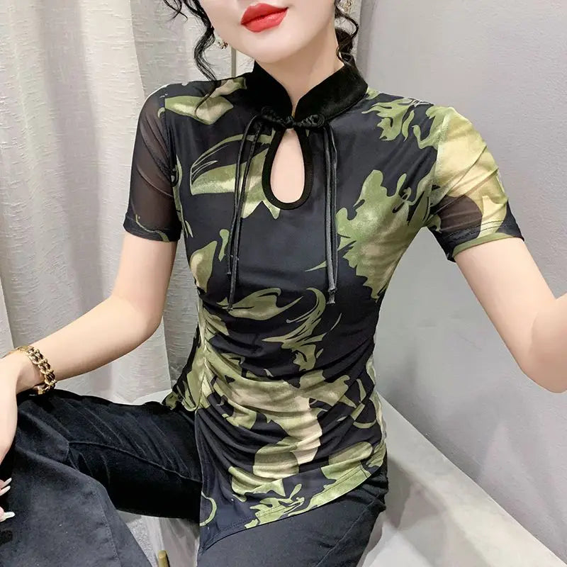 Ladies Fashion Chinese Style New Style Summer Vintage Tops Lacing Fashion Irregular Printing Hollow Out Net Yarn Short Sleeve