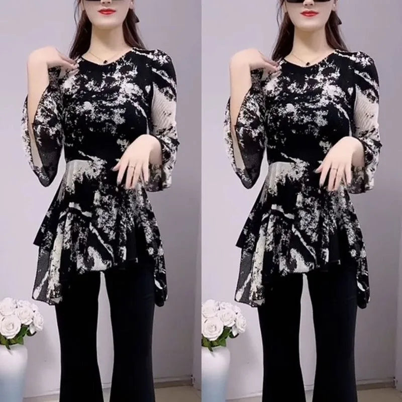 Casual Fashion 3/4 Sleeve Single Piece Tops Simplicity Elegant Trend Black-and-white Painting Long Sleeve Spring Summer New Sty