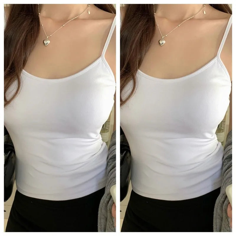 Ladies Solid Color Camisole Fashion Simplicity Elegant Camisole No Chest Cushion Wearing Outside Summer New Style Two PiecesTops