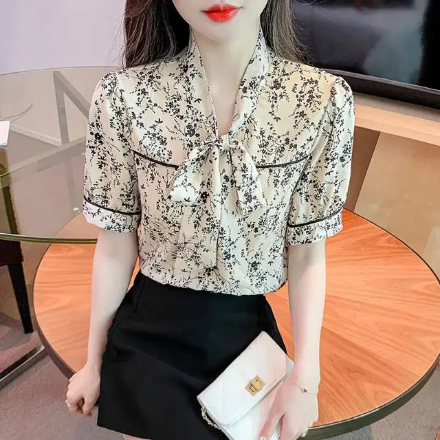 Summer New French Retro Floral Chiffon Shirt