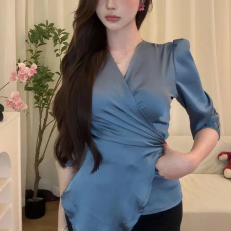 Casual Fashion Simplicity Elegant Trend Design Design Sense Spring Summer V-neck Purple Strap Shirt French Waist Cinc Tops