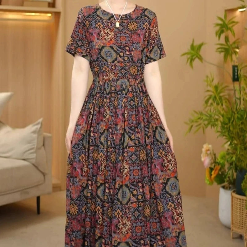 Retro Cotton and Linen Floral Print Dress New Summer Style Loose Fit Waist-cinching Slimming Round Neck Elegant Full Skirt