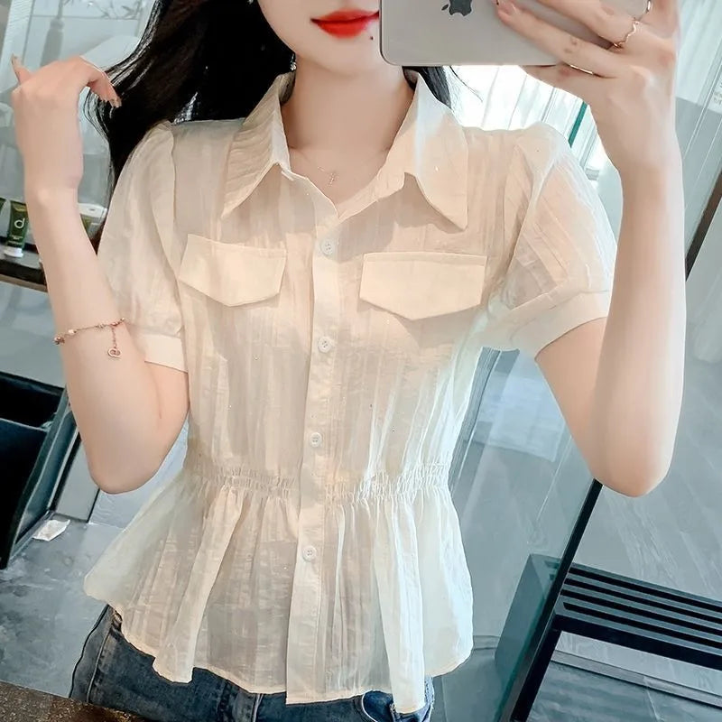 Women's Shirt Fashion Casual Summer Summer New Style Solid Color Turn-down Collar Simplicity Elegant Trend Up Chiffon Top