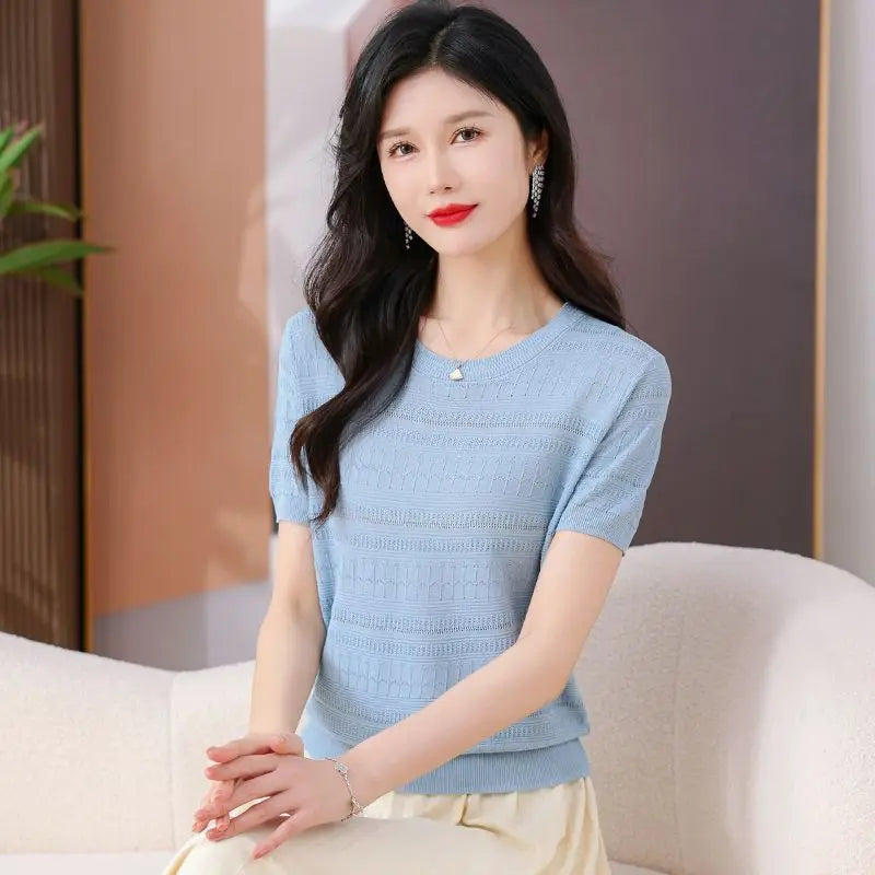 Summer Short Sleeved Hollow-out Ice Silk New Style Loose Knit Top Plus Size