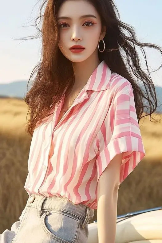Fashionable Summer Trend Beautiful Sweet Temperament Small Top Striped Chiffon Shirt