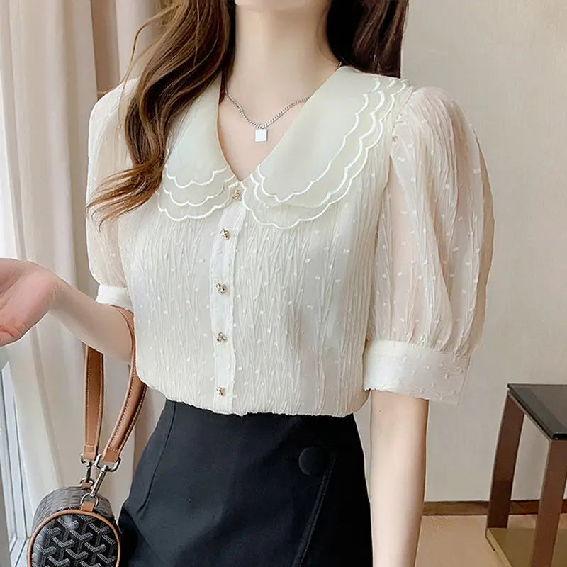 Short-sleeved Chiffon Blouse Women's Summer New Fashion Doll Collar Thin Top