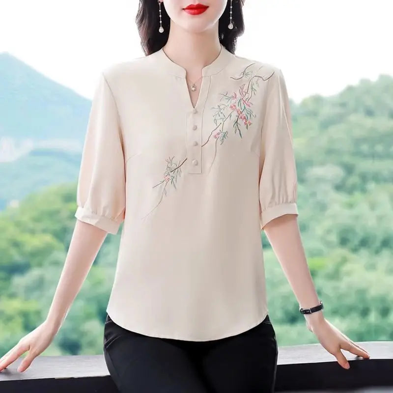 Middle Aged and Elderly Cotton Shirt Women's Summer Fashion Embroidered Stylish Five Quarter Sleeve Top