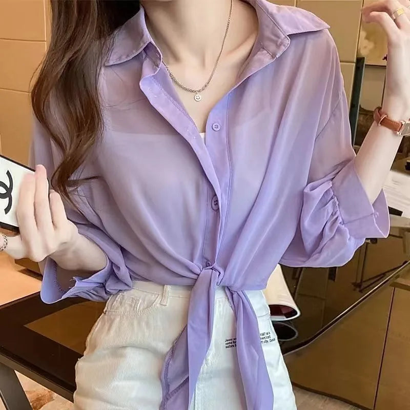 618 Women Clothes Casual Fashion Simplicity  Trend Solid Color Turn-down Collar half Sleeve Women Shirts Shawl Single piece top